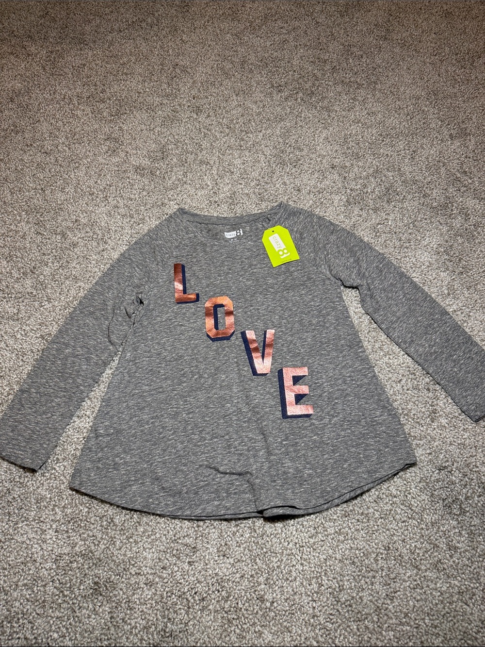 Crazy 8 Gray Long-Sleeve Tee with Metallic Pink/Copper 'LOVE' Letters, Size 4